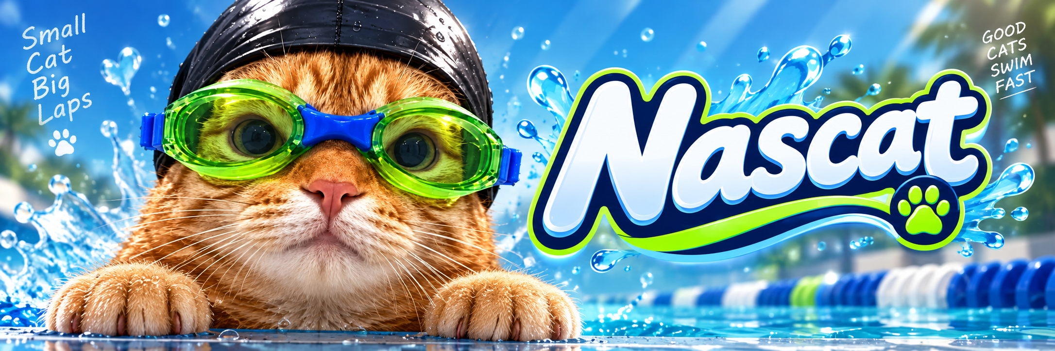 Nascat at the pool edge. Small cat, big laps. Good cats swim fast.